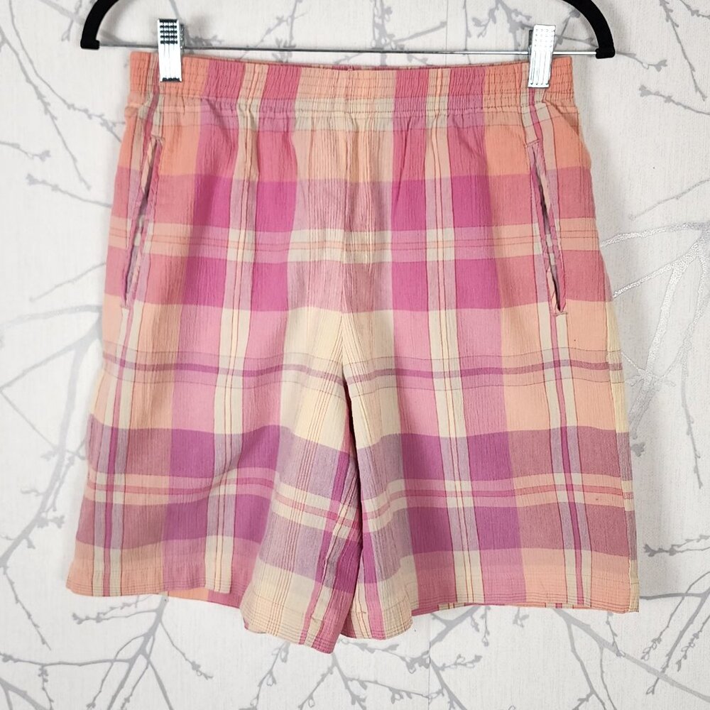 Koret Francisca Pink Plaid Cotton Blend High Rise Bermuda Shorts